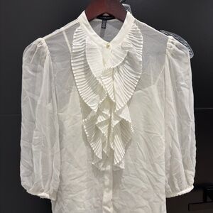White House Black Market Cream Ruffled Pleated Blouse
